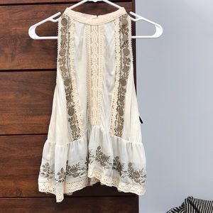 Cream embroidered tank top